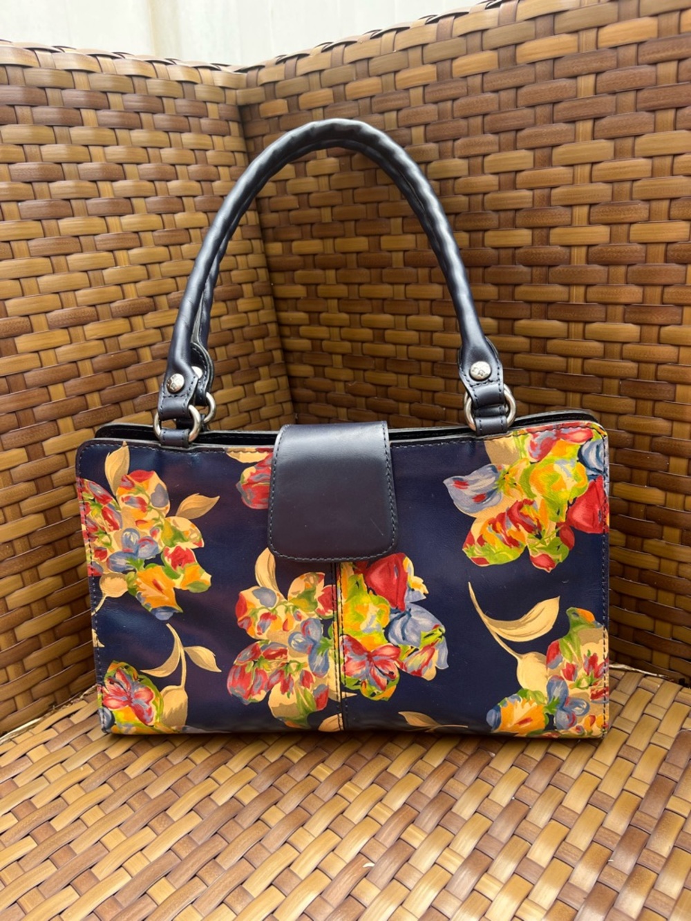 Patricia Nash Navy Floral Satchel with Multicolor Flower Print